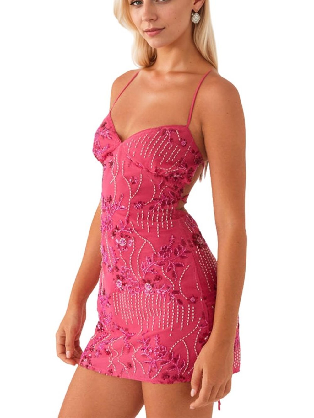 Small Sequin Sparkly Rhinestone Mini Dress Sleeveless Backless Glitter Hot Pink